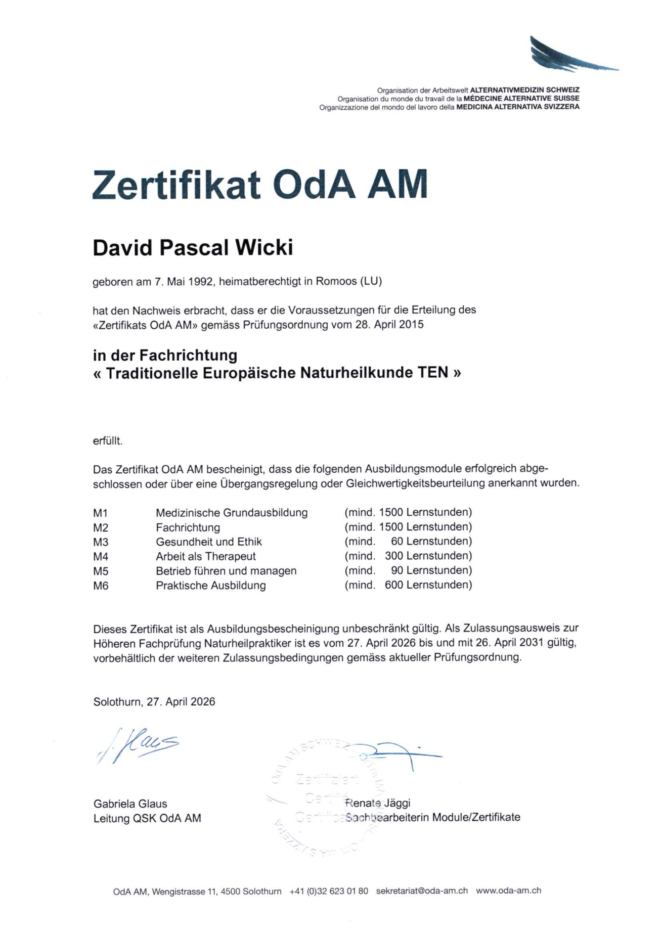 ODA AM Zertifikat